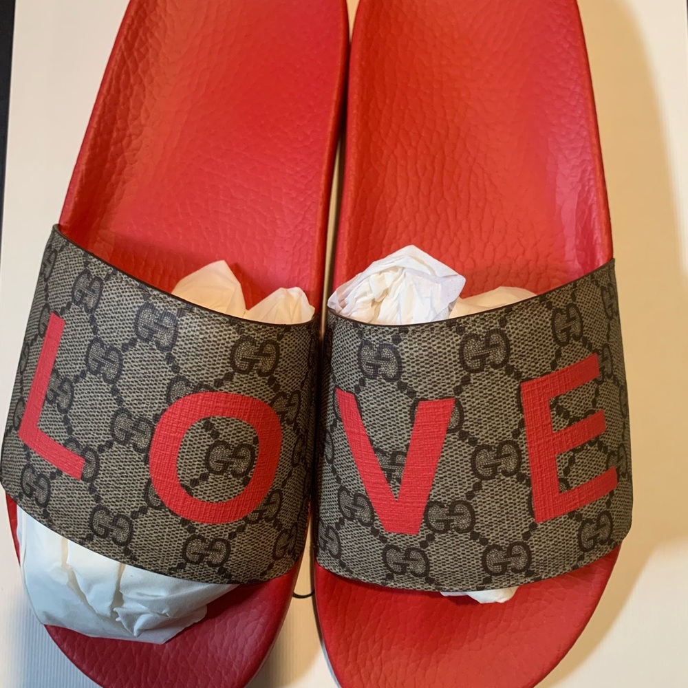 Gucci Mens Slides Beige Ebony-New GERA